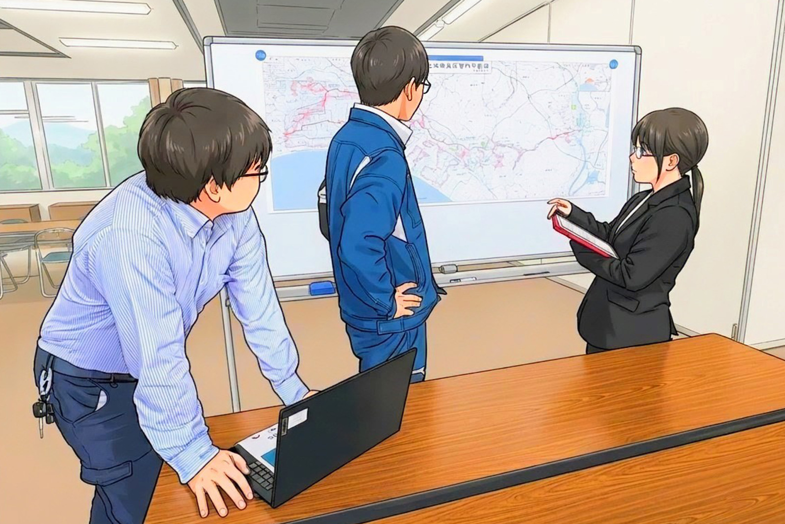 職場で打ち合わせをする職員